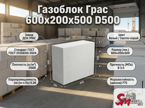 Газоблок Грас 600x200x500 D500 