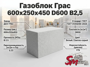 Газоблок Грас 600x250x450 D600 В2,5