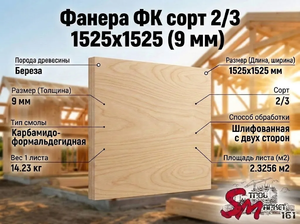 Фанера ФК сорт 2/3 1525х1525 (9 мм)