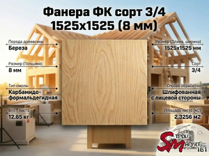 Фанера ФК сорт 3/4 1525х1525 (8 мм)