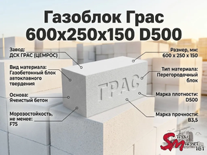 Газоблок Грас 600x250x150 D500