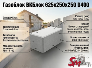 Газоблок ВКБлок 625x250x250 D400