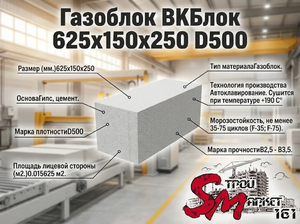 Газоблок ВКБлок 625x150x250 D500 