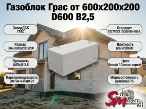 Газоблок Грас 600x200x200 D350