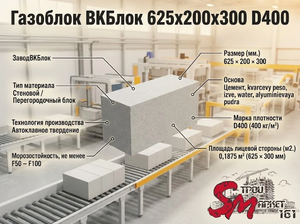 Газоблок ВКБлок 625x200x300 D400