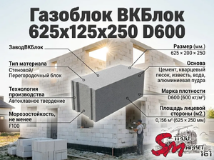 Газоблок ВКБлок 625x200x250 D600