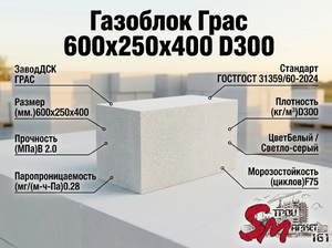 Газоблок Грас 600x250x400 D300