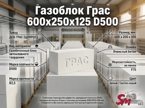 Газоблок Грас 600x250x100 D500