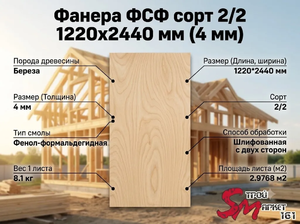 Фанера ФСФ сорт 2/2 1220x2440 мм (4 мм)