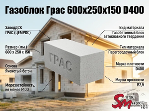 Газоблок Грас 600x250x150 D400