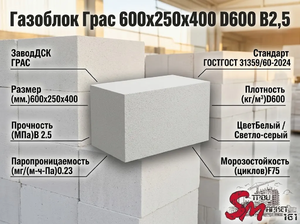 Газоблок Грас 600x250x400 D600 В2,5