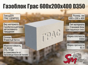 Газоблок Грас 600x200x400 D350