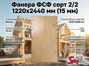 Фанера ФСФ сорт 2/2 1220x2440 мм (15 мм)