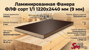 Ламинированная Фанера ФЛФ сорт 1/1  1220x2440 мм (9 мм)