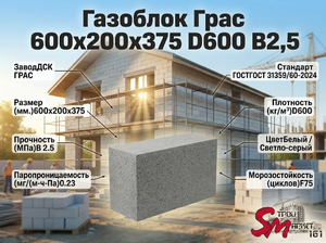 Газоблок Грас 600x200x250 D350