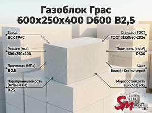 Газоблок Грас 600x250x375 D600 В2,5