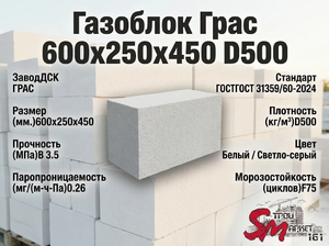 Газоблок Грас 600x250x450 D500