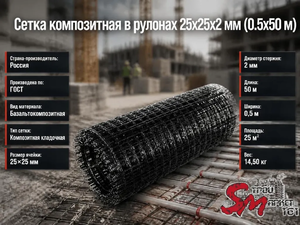 Сетка композитная в рулонах 25х25х2 мм (0.5х50 м)