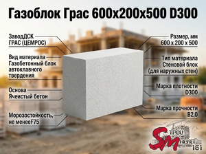 Газоблок Грас 600x200x500 D300