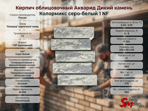 Кирпич облицовочный Акварид Дикий камень Колормикс серо-белый 1 NF
