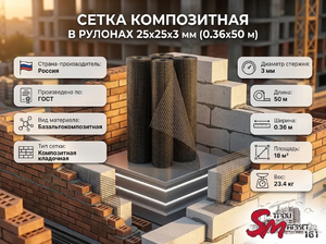 Сетка композитная в рулонах 25х25х3 мм (0.36х50 м)
