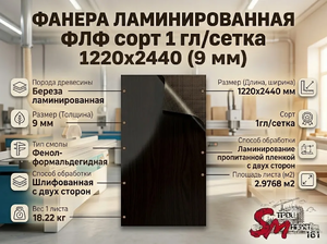 Фанера ламинированная ФЛФ сорт 1 гл/сетка 1220x2440 (9 мм)