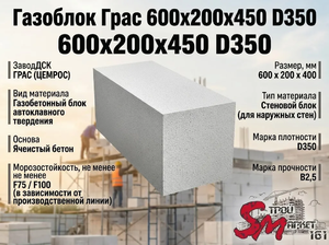 Газоблок Грас 600x200x450 D350