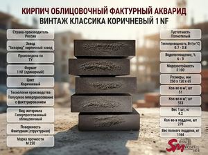 Кирпич облицовочный фактурный Акварид Винтаж Классика коричневый 1 NF