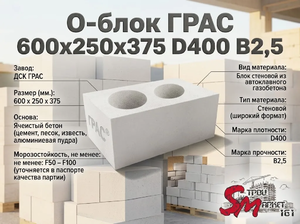 О-блок ГРАС 600х250х400 D400 B2,5