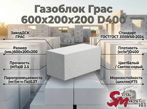Газоблок Грас 600x200x200 D400