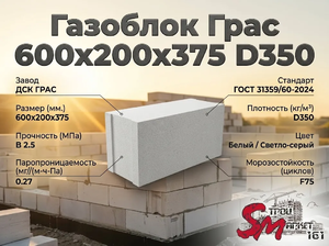 Газоблок Грас 600x200x375 D350