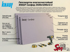 Гипсокартон влагоогнестойкий KNAUF Сапфир 2500х1200х12.5