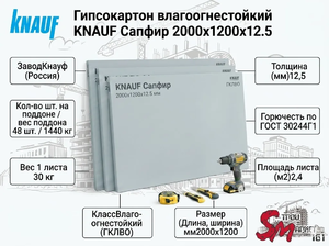 Гипсокартон влагоогнестойкий KNAUF Сапфир 2000х1200х12.5