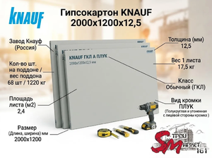 Гипсокартон KNAUF 2000x1200x12,5