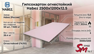 Гипсокартон огнестойкий Habez 2500х1200х12.5