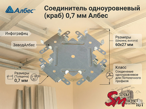 Соединитель одноуровневый «Краб» Албес 60х27 (0,7 мм) — жесткая крестообразная фиксация потолочного каркаса  Оцинкованная крепежная деталь применяется для надежного перпендикулярного соединения несущих профилей в единой плоскости при монтаже подвесных гип