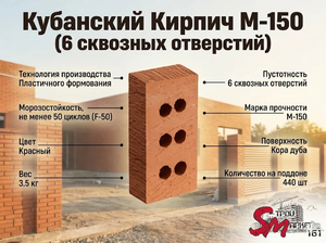 Кубанский Кирпич М-150 (6 сквозных отверстий)