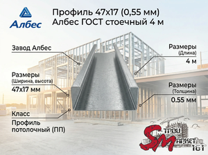 Профиль 47х17 (0,55 мм) Албес ГОСТ для гипсокартона стоечный 4 м
