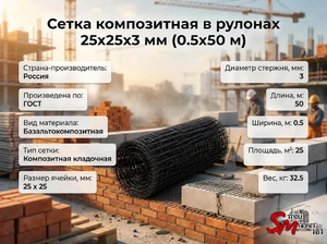 Сетка композитная в рулонах 25х25х3 мм (0.5х50 м)